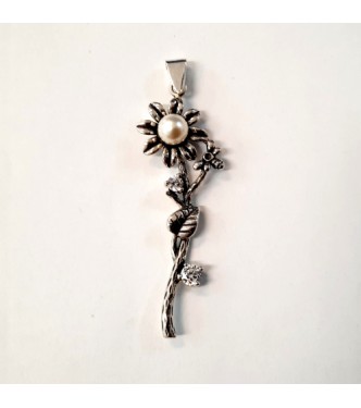 PE001500 Sterling Silver Pendant Flower With Pearl Solid Genuine Hallmarked 925 Handmade